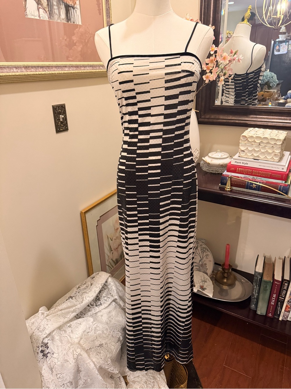 Vintage Jessica McClintock Black and White Geometric Stripe Maxi Dress